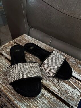Victoria's Secret Black Slide Sandals with Crystal-Embellished Strap